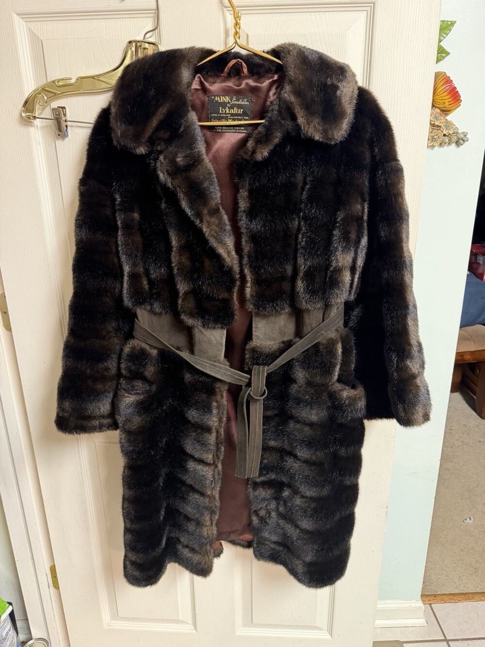 Vnt LYKAFUR Mink Sim England Long Coat Mob Wife Leather Belt 70s Modes Med 38x38